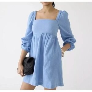J. Crew Squareneck Soft Gauze Mini Dress Size L Smocked Puff Sleeve Blue Cotton